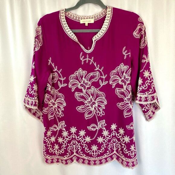 Solitaire Embroidered Top Boho Women’s Small  Handcrafted Fuchsia Pink Tunic - Picture 9 of 10